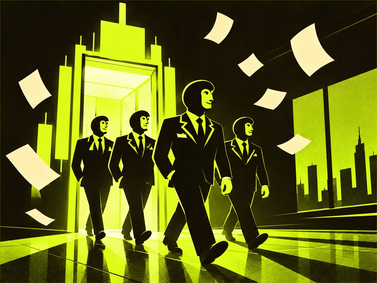 Four mysterious suited figures leave a glowing market elevator